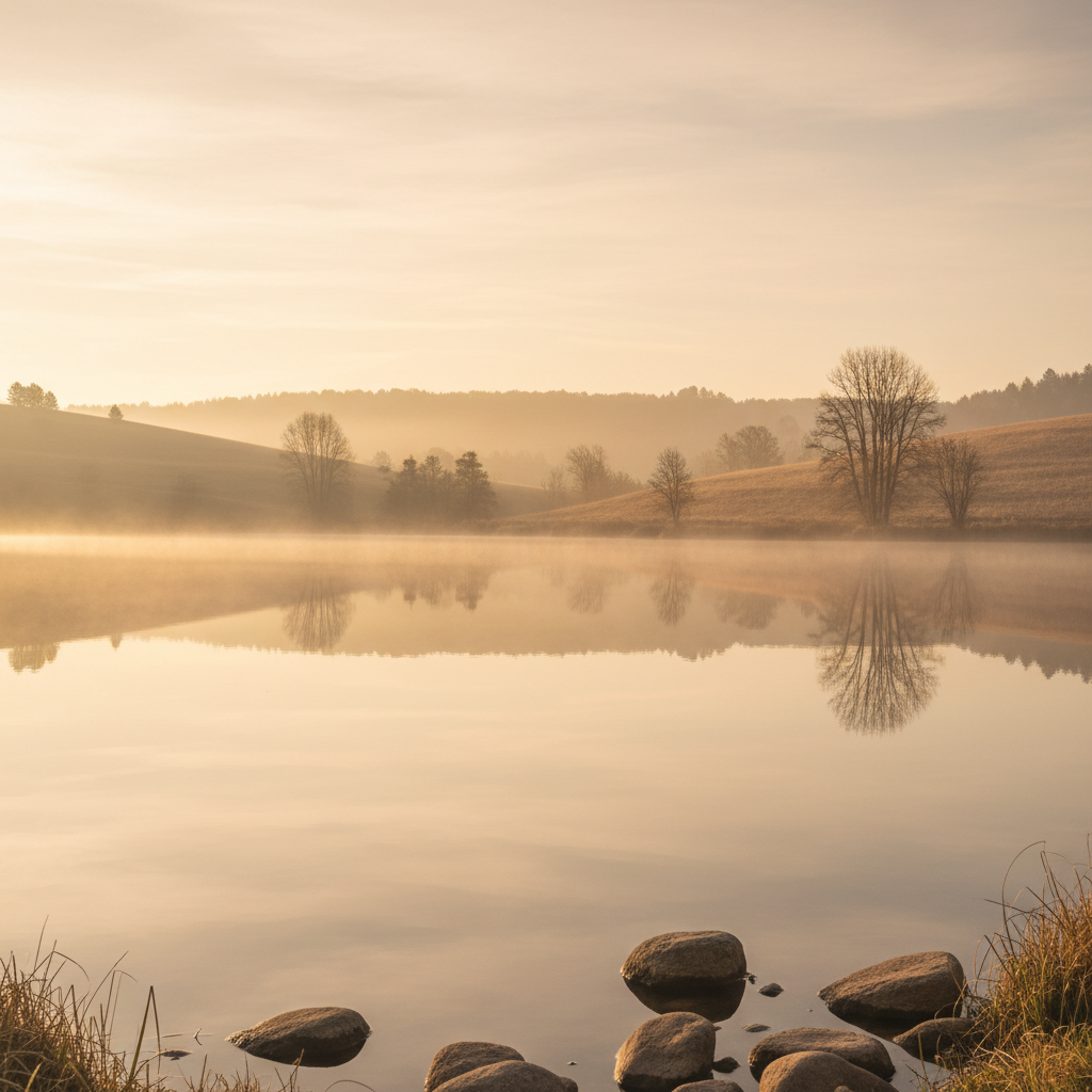 calm water reflection with soft golden light, warm beige tones, realistic nature photography